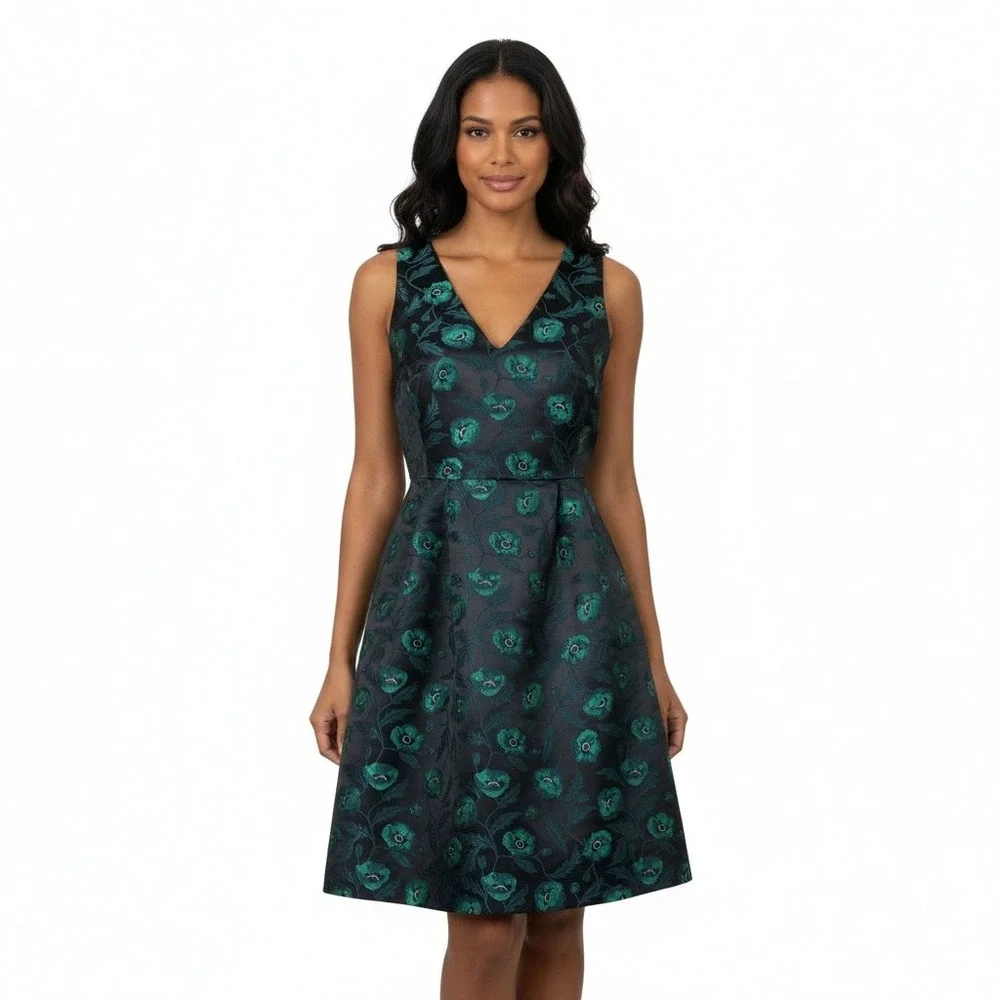 J‎ Crew Dress Floral Jacquard Sleeveless V Neck Black Green Size 2